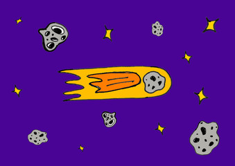 Hand drawn space spaceship rocket star comet asteroid illustration