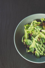 Green vegan  salad lunch meal in bowl with green salad, lettuce, spinach and arugula. Top view. Clean eating, dieting, vegan food concept
