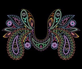 Neckline ethnic design. Floral pattern. Vector print with paisley and decorative elements for embroidery, for women's clothing.