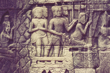 Naklejka premium Angkor Wat Wall and Sculpture Texture
