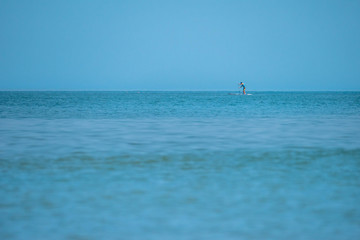 Fototapeta premium Single male on a stand-up paddle board slightly offshore of a beach in northern France