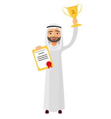 Arab man raising up trophy certificate  winner success concept vector isolated on white background 