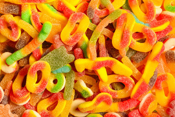 Assorted gummy candies. Top view. Jelly  sweets.
