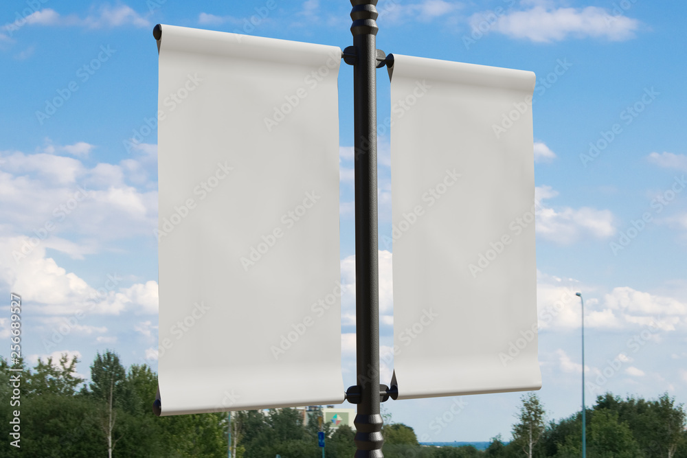 Wall mural 3d rendering of blank flag banner (empty advertisement) with clouds. empty mockup template