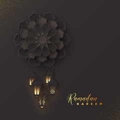 Ramadan Kareem greeting background. 3d paper cut flowers and hanging lanterns with pattern in traditional islamic style. Design for greeting card, banner or poster. Vector illustration.