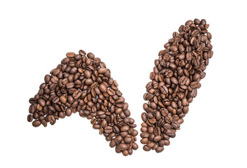Easter holiday background with bunny ears made of freshly roasted coffee beans on a white background. Creative easter concept. Copy space.