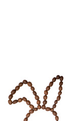 Easter holiday background with bunny ears made of freshly roasted coffee beans on a white background. Creative easter concept. Copy space.