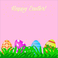 Happy Easter background. Eggs on the green grass. Vector illustration.