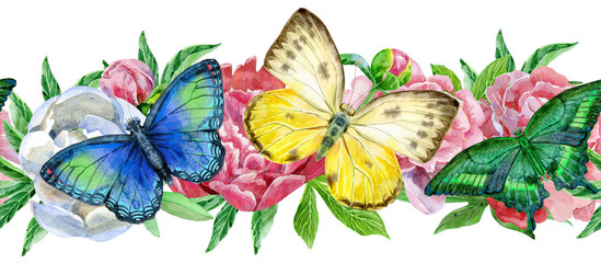 Seamless floral border with colorful butterflies and peonies on white background