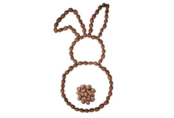 Easter bunny made of freshly roasted coffee beans on a white background. Creative easter concept.