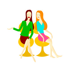 Two girl friends are talking. Vector drawing illustration. 