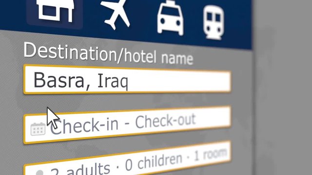 Hotel search in Basra on some booking site. Travel to Iraq related 3D animation