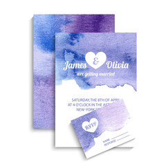 Vector set of invitation cards with watercolor elements in blue and violet colors. Watercolor wedding collection. Invitation templates. Vector illustration EPS10.