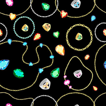 Seamless pattern with gold and silver chains and multi-colored diamonds.