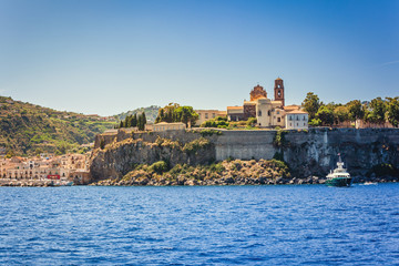 Fototapeta na wymiar Church on the coast of island Lipari in Italy