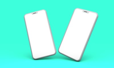 Smartphone mockup with blank white screen on a green background. 3D Render