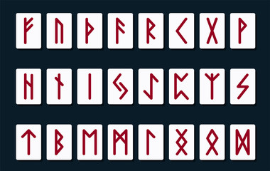 Set of ancient Norse runes. Runic alphabet, Futhark. Ancient occult symbols. Vector illustration. Old Germanic letters on a dark background