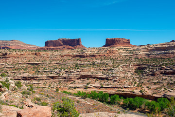 Mesa and Butte landscape and US route 191 in Arches National Park, Moab, Utah, USA.