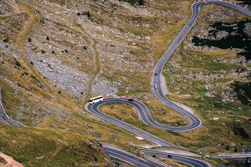 Wonderful mountain view. mountain winding road with many turns in autumn day. Transfagarasan highway, the most beautiful road in Europe, Romania, Transfagarash. Traval vacation concept