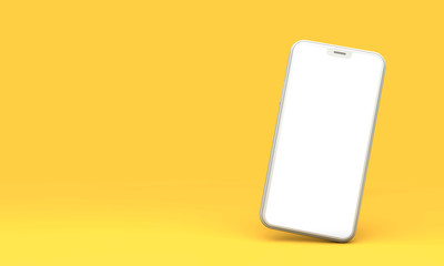 Smartphone mockup with blank white screen on a yellow background. 3D Render