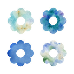 Flower simple icons. Watercolor texture, blue colors, vector image isolated wihout background.