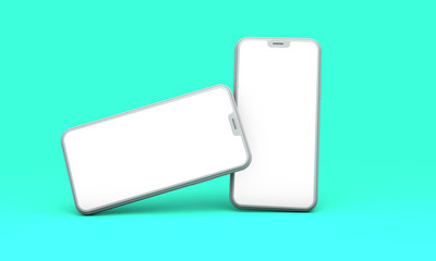 Smartphone mockup with blank white screen on a green background. 3D Render