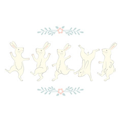 Collection of Easter Bunny characters from different poses. Happy running and dancing bunnies. Flower frame silhouette. White background pastel colors