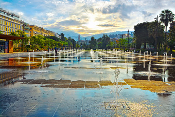 Fontaine on Place Massena in Nice at sunset, Cote d'Azur, France