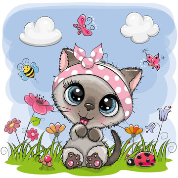 Cute Cartoon Kitten girl on a meadow