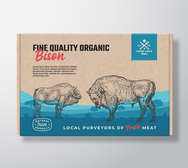 Fine Quality Organic Bison. Vector Meat Packaging Label Design on a Craft Cardboard Box Container. Modern Typography and Hand Drawn Buffalos Silhouettes. Rural Pasture Landscape Background Layout