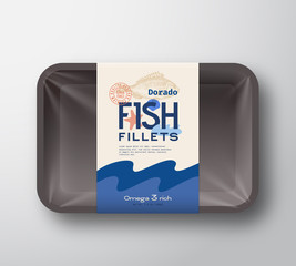 Fish Fillets Pack. Abstract Vector Fish Plastic Tray Container with Cellophane Cover. Packaging Design Label. Modern Typography Hand Drawn Dorado Silhouette with Colorful Elements Layout.