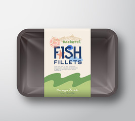 Fish Fillets Pack. Abstract Vector Fish Plastic Tray Container with Cellophane Cover. Packaging Design Label. Modern Typography Hand Drawn Mackerel Silhouette with Colorful Elements Layout.