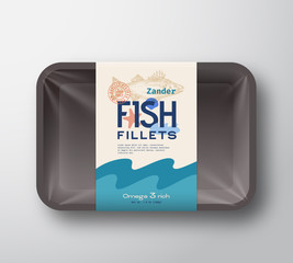 Fish Fillets Pack. Abstract Vector Fish Plastic Tray Container with Cellophane Cover. Packaging Design Label. Modern Typography Hand Drawn Zander Silhouette with Colorful Elements Layout.