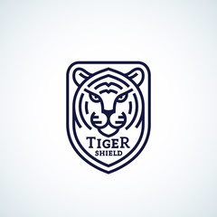 Line Style Tiger Face Shield Abstract Vector Icon, Symbol or Logo Template. Wild Animal Head Sillhouette Incorporated in a Shield Frame with Typography. Creative Predator Emblem.