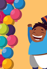cute happy black boy with birthday balloons helium
