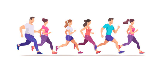 City marathon. Group people running. Healthy lifestyle. Trendy style vector illustration.