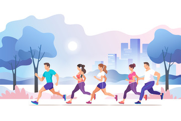 City marathon. Group people running in the city public park. Healthy lifestyle. Trendy style vector illustration.
