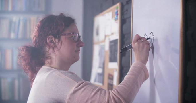 Woman is drawing smiley faces on whiteboard