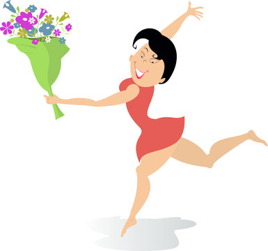 Barefooted young woman holds a bunch of flowers isolated illustration. Smiling barefooted young woman runs with a bunch of flowers isolated illustration