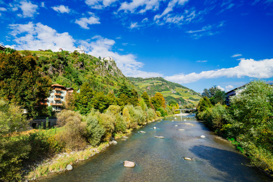 landscape along river Isarco (Eisack) in Chiusa, Italy