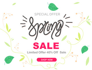 Spring sale background with vintage leaves and flowers. Vector illustration