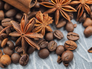 Group star anise and coffee and cinnamon
