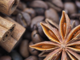 star anise and coffee and cinnamon close up.