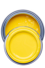 Can with yellow paint isolated on white background, top view