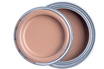 Opened Can of Chocolate Brown Paint Top View Isolated on White Background