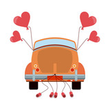 Wedding vintage car backward with cans