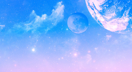 Sunrise sky with stars, nebulas and planets background