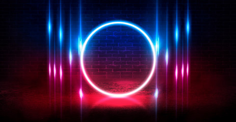 Background of empty stage, room. Reflection on wet pavement, concrete. Neon blurry lights. Neon circle figure in the center, smoke