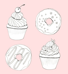 Hand drawn cupcakes and donuts card on pink background
