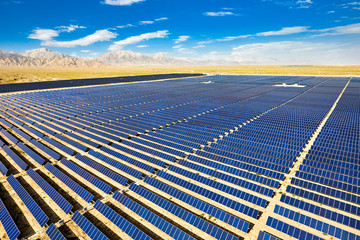 Aerial photography of a large solar photovoltaic power station in the desert